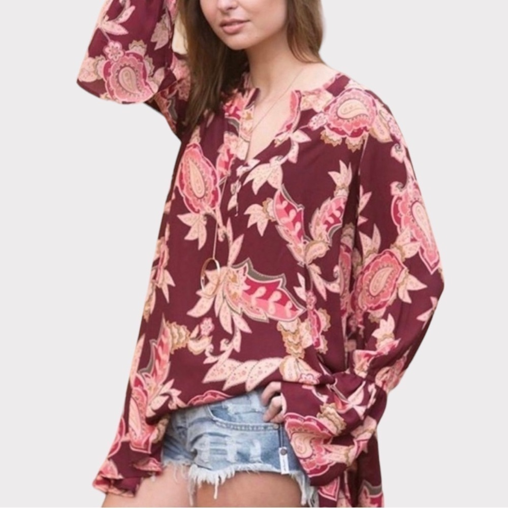 Vintage Mumu Peyten Pirate Boho Paisley Tunic | Size XS |Burgundy Pink